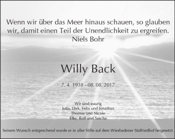 Traueranzeige von Willy Back von Trauerportal Rhein Main Presse