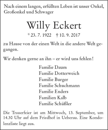 Traueranzeige von Willy Eckert von Trauerportal Echo Online