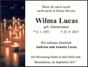 Traueranzeige von Wilma Lucas von Trauerportal Rhein Main Presse