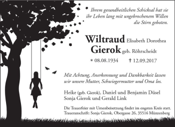 Traueranzeige von Wiltraud Elisabeth Dorothea Gierok von  Gießener Anzeiger