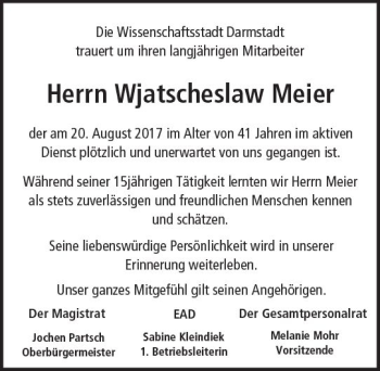 Traueranzeige von Wjatscheslaw Meier von Trauerportal Echo Online
