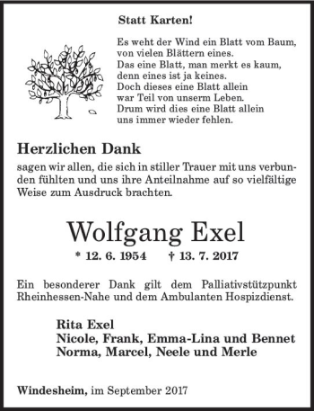 Traueranzeige von Wolfgang Exel von Trauerportal Rhein Main Presse