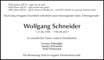 Traueranzeige von Wolfgang Schneider von Trauerportal Echo Online