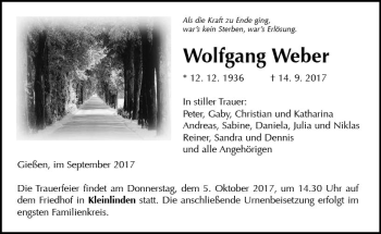 Traueranzeige von Wolfgang Weber von  Gießener Anzeiger