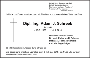Traueranzeige von Adam  Schreeb von Trauerportal Rhein Main Presse