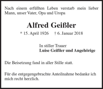Traueranzeige von Alfred Geißler von Trauerportal Rhein Main Presse