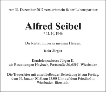 Traueranzeige von Alfred Seibel von Trauerportal Rhein Main Presse