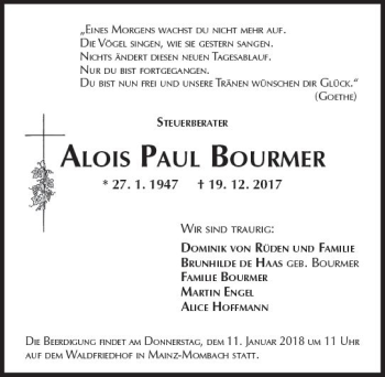 Traueranzeige von Alois Paul Bourmer von Trauerportal Rhein Main Presse