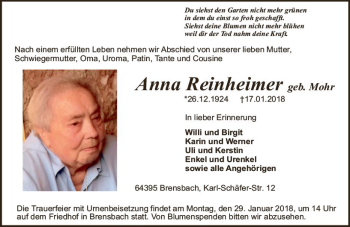 Traueranzeige von Anna Reinheimer von Trauerportal Rhein Main Presse