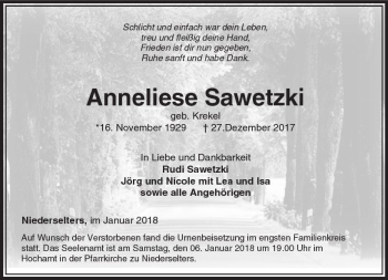Traueranzeige von Anneliese Sawetzki von  Camberger Anzeiger