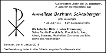 Traueranzeige von Anneliese Barbara Schauberger von  Kreisanzeiger