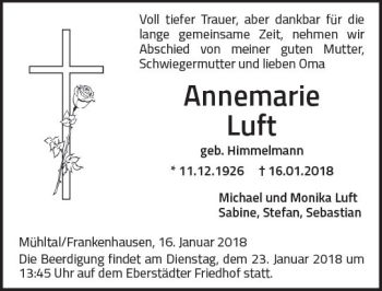 Traueranzeige von Annemarie Luft von Trauerportal Rhein Main Presse