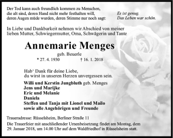 Traueranzeige von Annemarie Menges von Trauerportal Rhein Main Presse