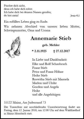 Traueranzeige von Annemarie Stieb von Trauerportal Rhein Main Presse