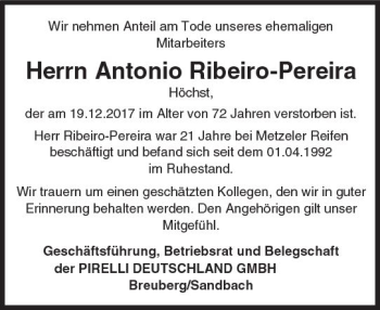 Traueranzeige von Antonio Ribeiro-Pereira von Trauerportal Rhein Main Presse