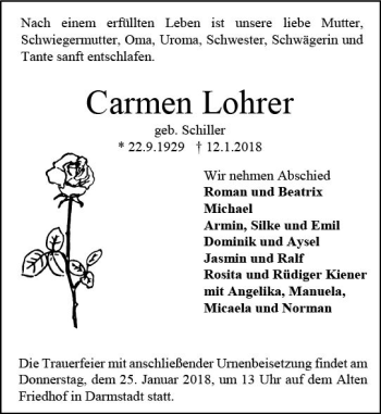 Traueranzeige von Carmen Lohrer von Trauerportal Rhein Main Presse
