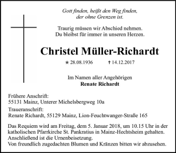 Traueranzeige von Christel Müller-Richardt von Trauerportal Rhein Main Presse