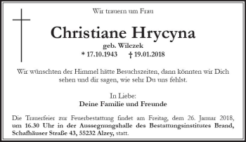 Traueranzeige von Christiane Hrycyna von Trauerportal Rhein Main Presse