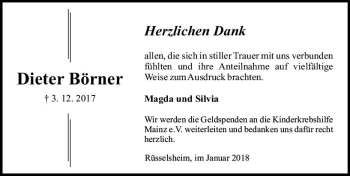 Traueranzeige von Dieter Börner von Trauerportal Rhein Main Presse