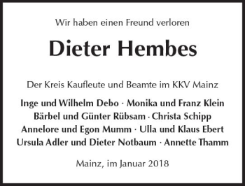 Traueranzeige von Dieter Hembes von Trauerportal Rhein Main Presse