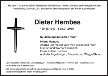 Traueranzeige von Dieter Hembes von Trauerportal Rhein Main Presse
