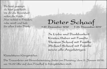 Traueranzeige von Dieter Schaaf von Trauerportal Rhein Main Presse