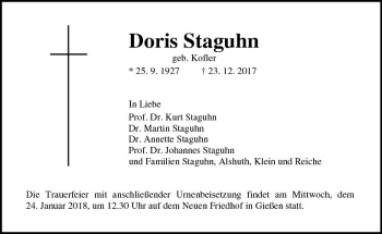 Traueranzeige von Doris Staguhn von  Gießener Anzeiger