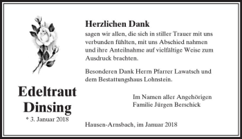 Traueranzeige von Edeltraut Dinsing von  Usinger Anzeiger
