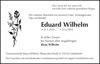 Traueranzeige von Eduard Wilhelm von Trauerportal Rhein Main Presse