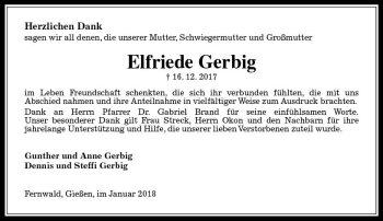 Traueranzeige von Elfriede Gerbig von  Gießener Anzeiger