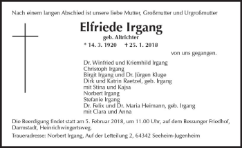 Traueranzeige von Elfriede Irgang von Trauerportal Rhein Main Presse