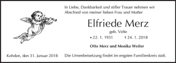 Traueranzeige von Elfriede Merz von  Kreisanzeiger