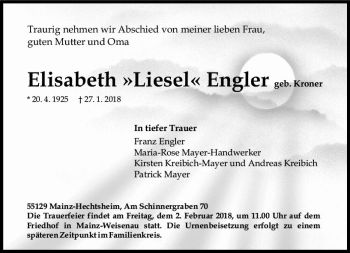 Traueranzeige von Elisabeth Engler von Trauerportal Rhein Main Presse
