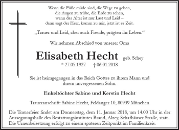 Traueranzeige von Elisabeth Hecht von Trauerportal Rhein Main Presse