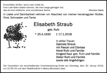 Traueranzeige von Elisabeth Straub von Trauerportal Rhein Main Presse