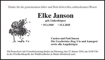 Traueranzeige von Elke Janson von Trauerportal Rhein Main Presse
