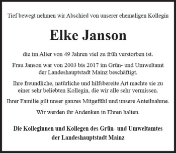 Traueranzeige von Elke Janson von Trauerportal Rhein Main Presse