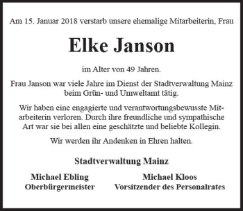 Traueranzeige von Elke Janson von Trauerportal Rhein Main Presse