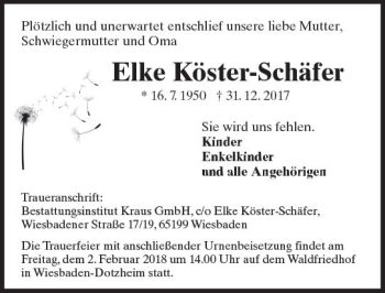 Traueranzeige von Elke Köster-Schäfer von Trauerportal Rhein Main Presse