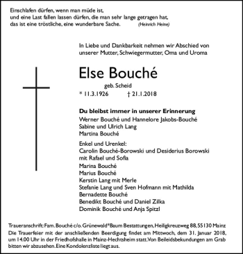 Traueranzeige von Else Bouche von Trauerportal Rhein Main Presse