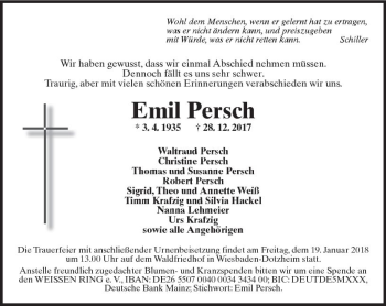 Traueranzeige von Emil Persch von Trauerportal Rhein Main Presse