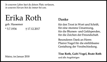 Traueranzeige von Erika Roth von Trauerportal Rhein Main Presse