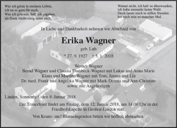 Traueranzeige von Erika Wagner von  Gießener Anzeiger