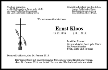 Traueranzeige von Ernst Kloos von  Gießener Anzeiger