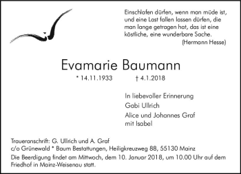 Traueranzeige von Evamarie Baumann von Trauerportal Rhein Main Presse