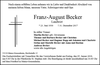 Traueranzeige von Franz- August Becker von Trauerportal Rhein Main Presse