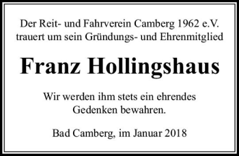 Traueranzeige von Franz Hollingshaus von  Camberger Anzeiger