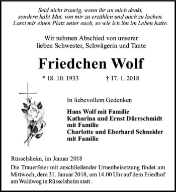 Traueranzeige von Friedchen Wolf von Trauerportal Rhein Main Presse