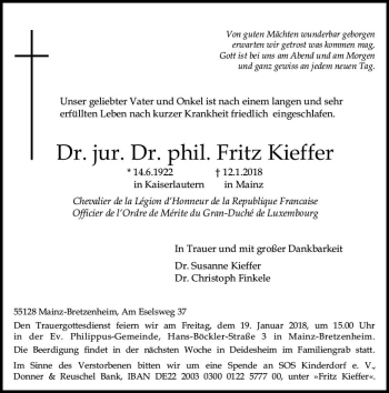 Traueranzeige von Fritz Kieffer von Trauerportal Rhein Main Presse