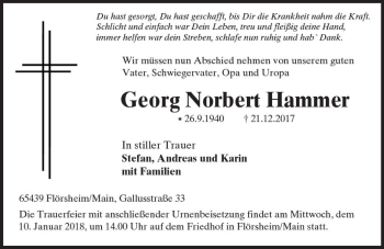 Traueranzeige von Georg Norbert Hammer von Trauerportal Rhein Main Presse